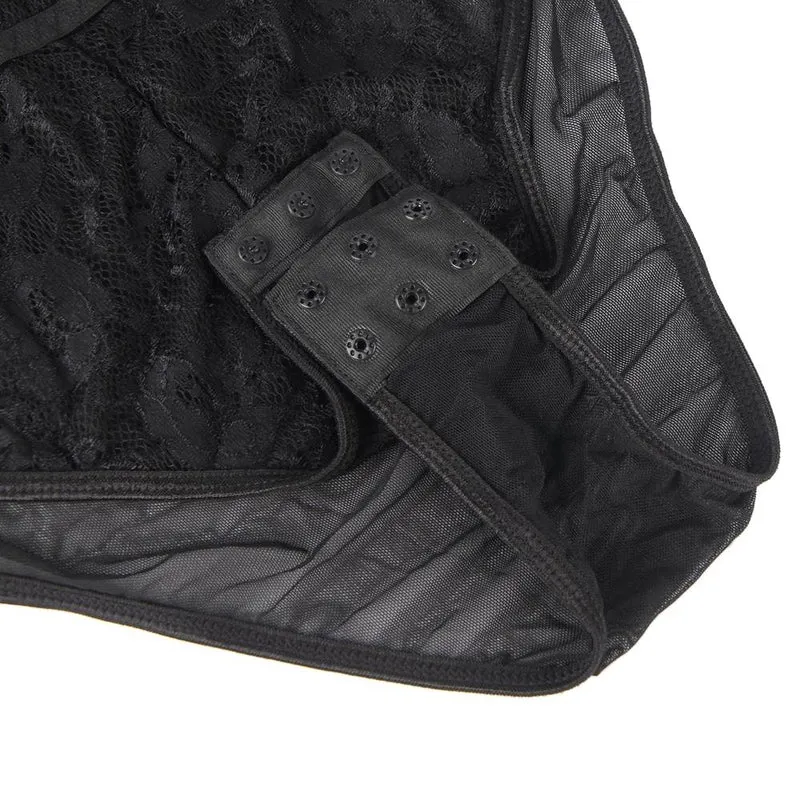 Schwarzer Body aus Spitze und Mesh – Cups aus Wimpernspitze, BH-Detail mit Cut-Outs, verstellbarer Schritt und verstellbare Träger