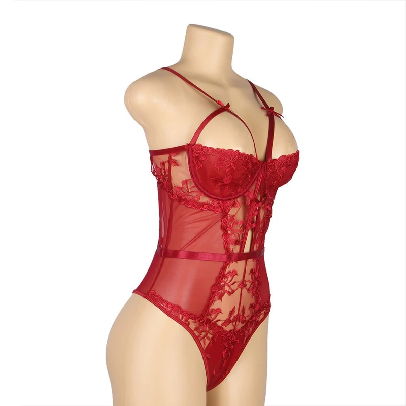 Weinroter, bestickter Mesh-Body – Bügel-BH, 3D-Stickerei, gekreuzte Träger und tiefer V-Ausschnitt am Rücken