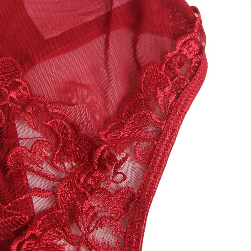 Weinroter, bestickter Mesh-Body – Bügel-BH, 3D-Stickerei, gekreuzte Träger und tiefer V-Ausschnitt am Rücken