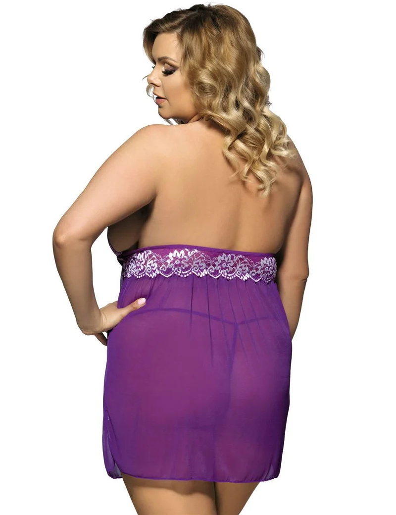 Lila Babydoll mit Neckholder aus Netzstoff – Doppellagige Spitzenborte & passender String