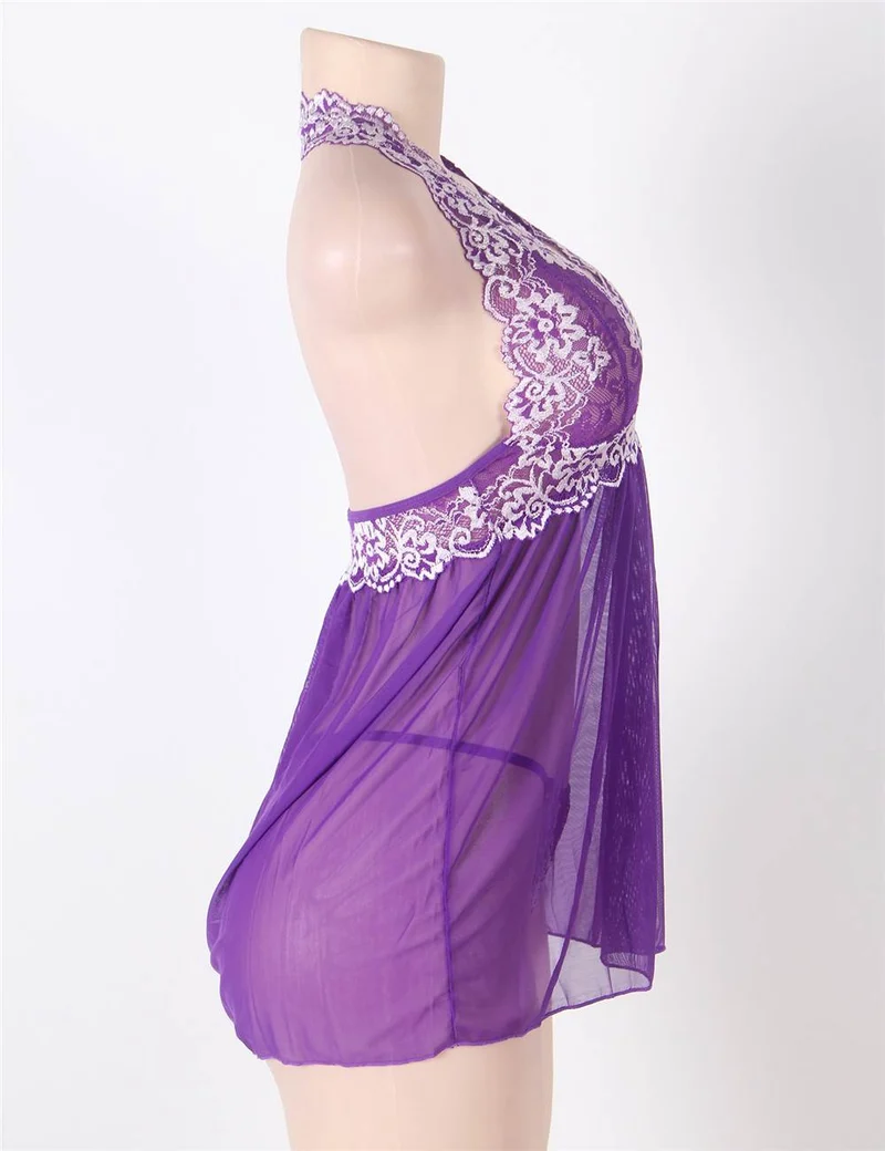 Lila Babydoll mit Neckholder aus Netzstoff – Doppellagige Spitzenborte & passender String