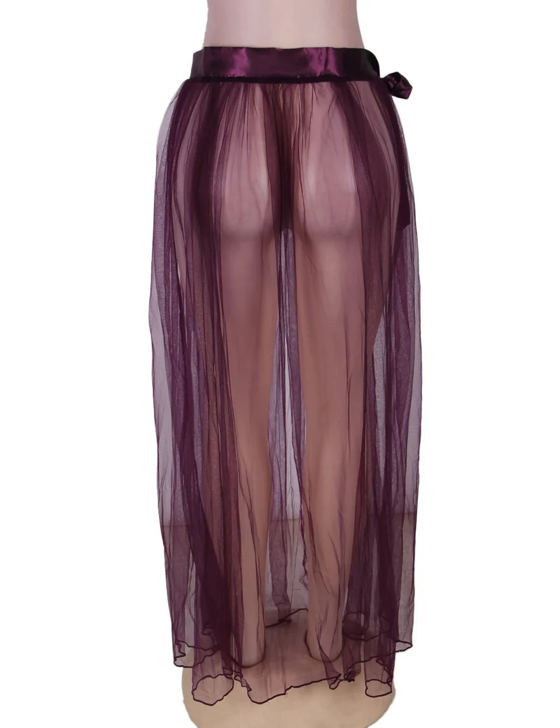 Lila, durchsichtiger Mesh-Einteiler mit transparentem Rock und verstellbarem Bund aus Kunstseide.