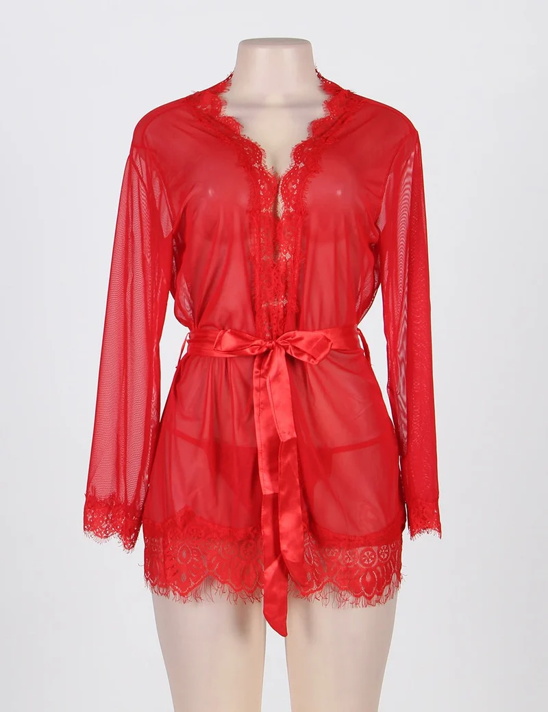 Roter Babydoll-Bademantel aus Netzstoff – Langärmlig, mit Wimpernspitzenbesatz, Kunstseidengürtel und passendem String