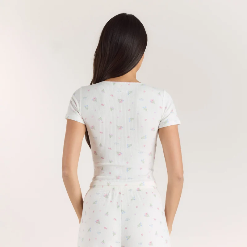 Gerippter, Kurzärmeliger Pyjama Top - Florales Weiß