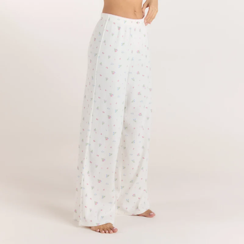 Gerippte Pyjamahosen - Florales Weiß