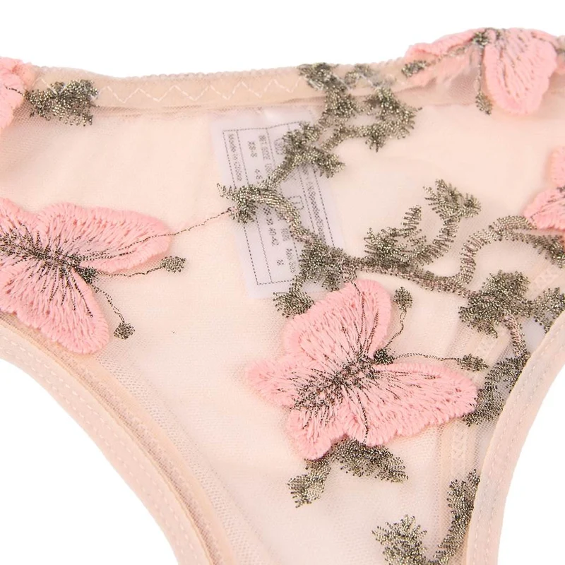 Hellrosa 3D-Stickerei-Mesh-Dessous-Set – Bügel-BH, gekreuzter Bund, Crop-Ausschnitt und Baumwollzwickel