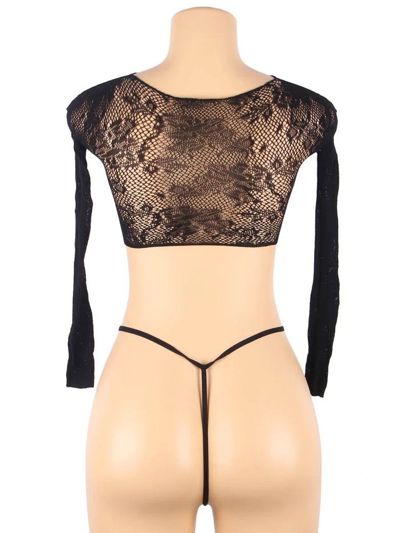 Schwarzer, hochelastischer Nylon-Body mit Rundhalsausschnitt, offenem Brustbereich und langen Ärmeln – gemusterte Textur & inklusive String