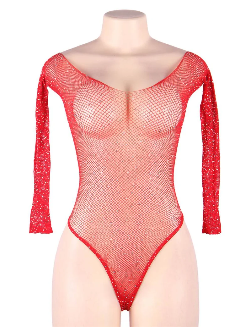 Roter Jacquard-Seidenfaden-Langarm-Ganzkörperanzug – Rundhalsausschnitt & Strassverzierungen