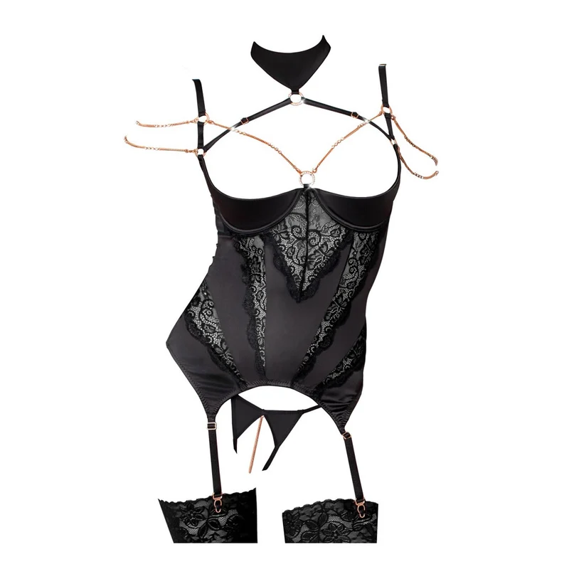 Elegantes Strapshemd Set S-XL mit Strass-Ketten schwarz "Shia"