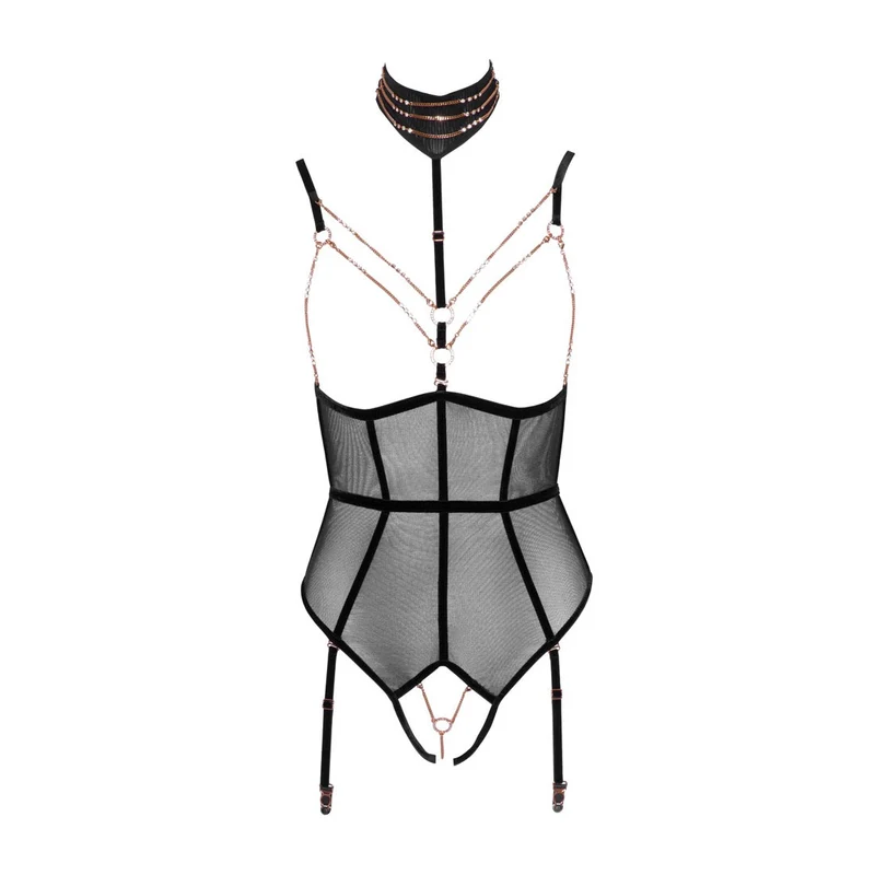 Body ouvert S-XL mit abnehmbaren Strapsen und strassbesetzten Ketten "Felicia"