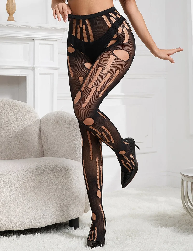 Schwarze sexy zerrissene Netzstrumpfhose