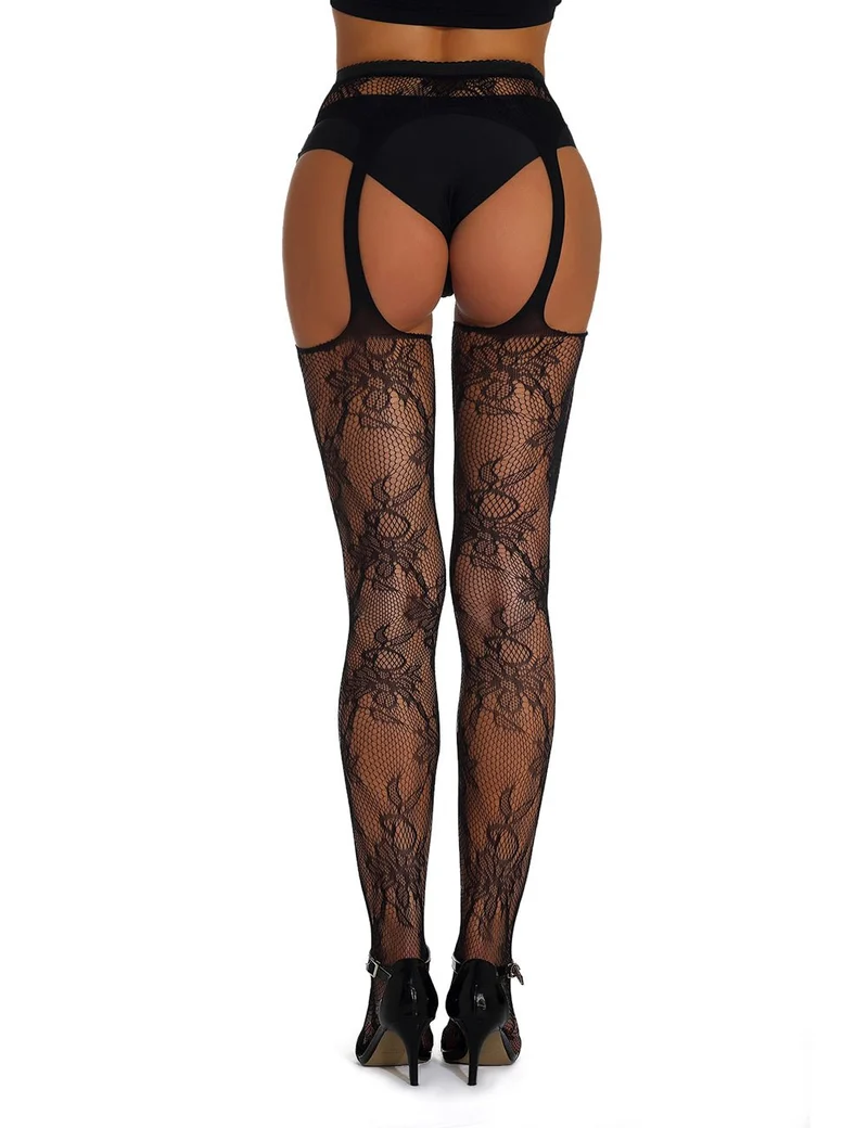 Schwarze Nylon-Strumpfhose im Fischernetz-Stil mit Blumenmuster – Breiter elastischer Bund & offener Schritt