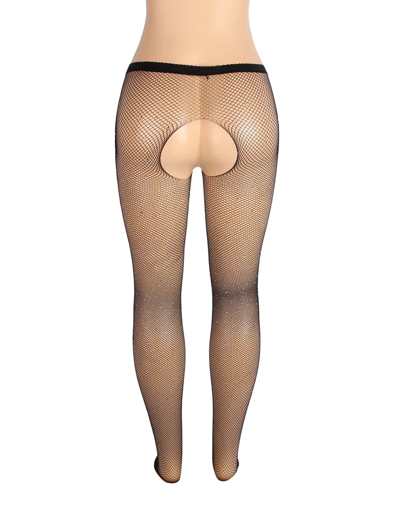 Schwarze sexy Netzstrumpfhose mit Strass im Schritt