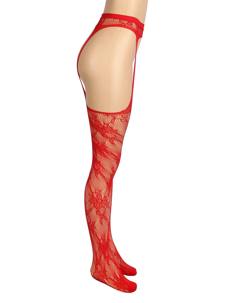 Rote Nylon-Strumpfhose mit Blumenmuster und Netzmuster – Breiter elastischer Bund & offener Schritt