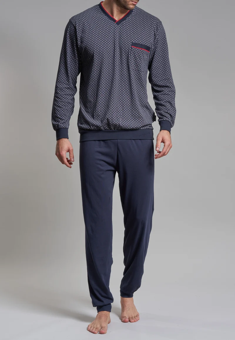 GÖTZBURG Pyjama, V-Ausschnitt, Bündchen Navy