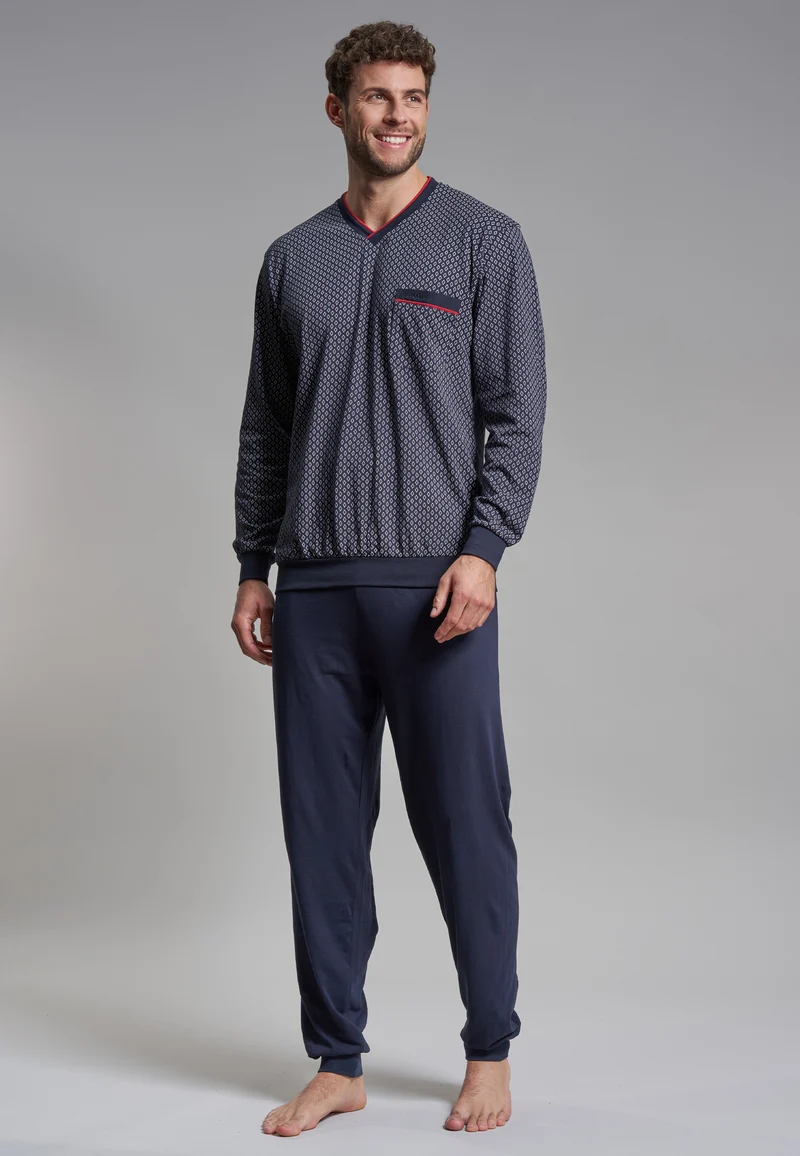 GÖTZBURG Pyjama, V-Ausschnitt, Bündchen Navy