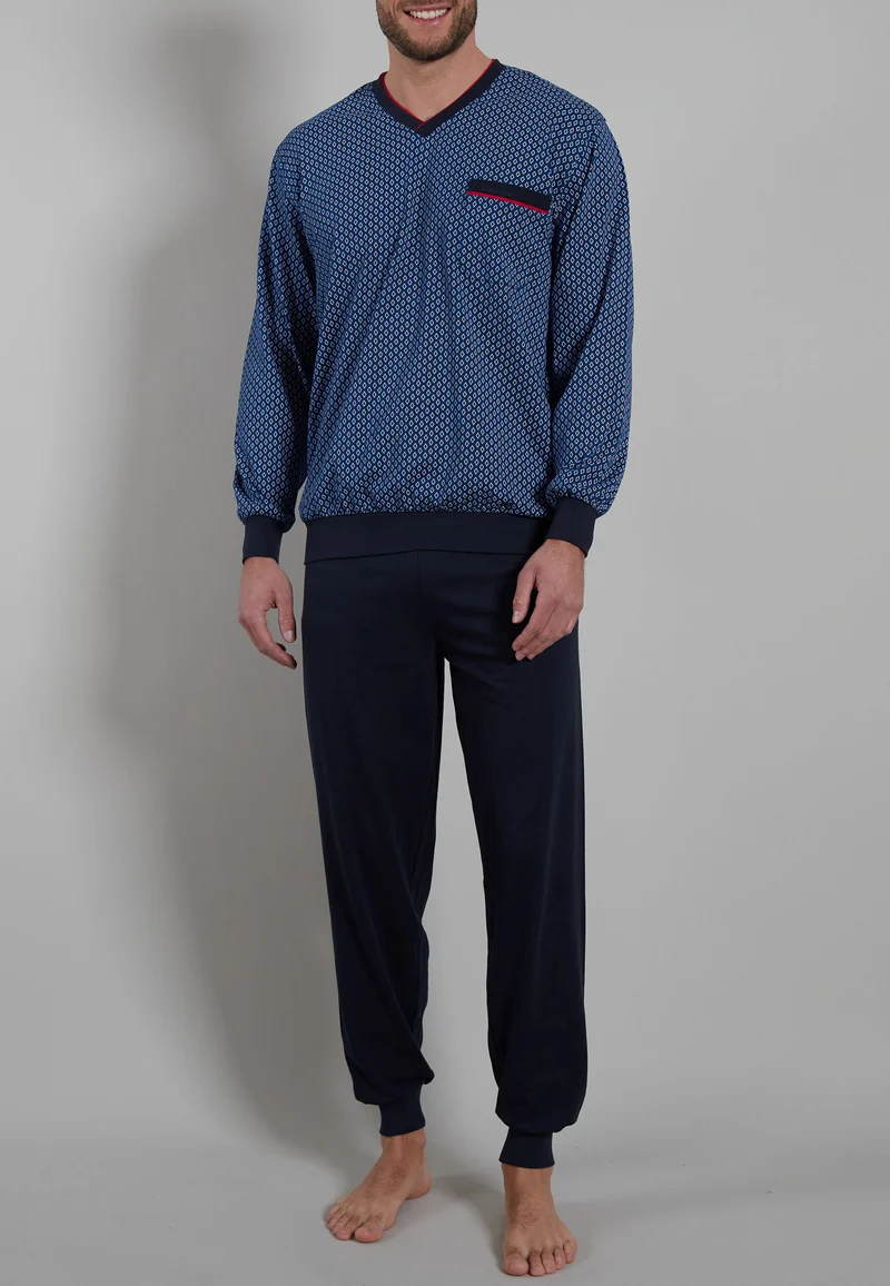 GÖTZBURG Pyjama, V-Ausschnitt, Bündchen blau-dunkel-uni
