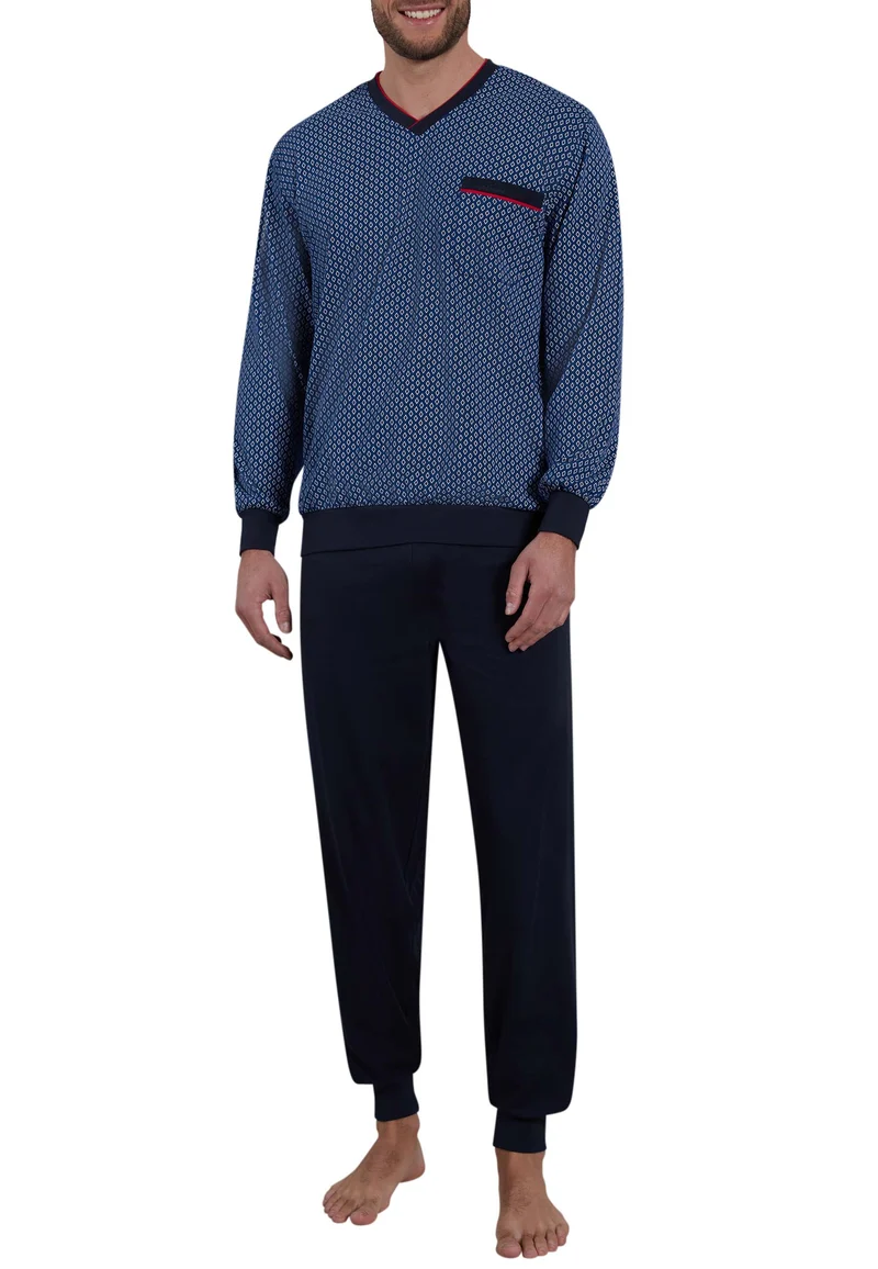 GÖTZBURG Pyjama, V-Ausschnitt, Bündchen blau-dunkel-uni