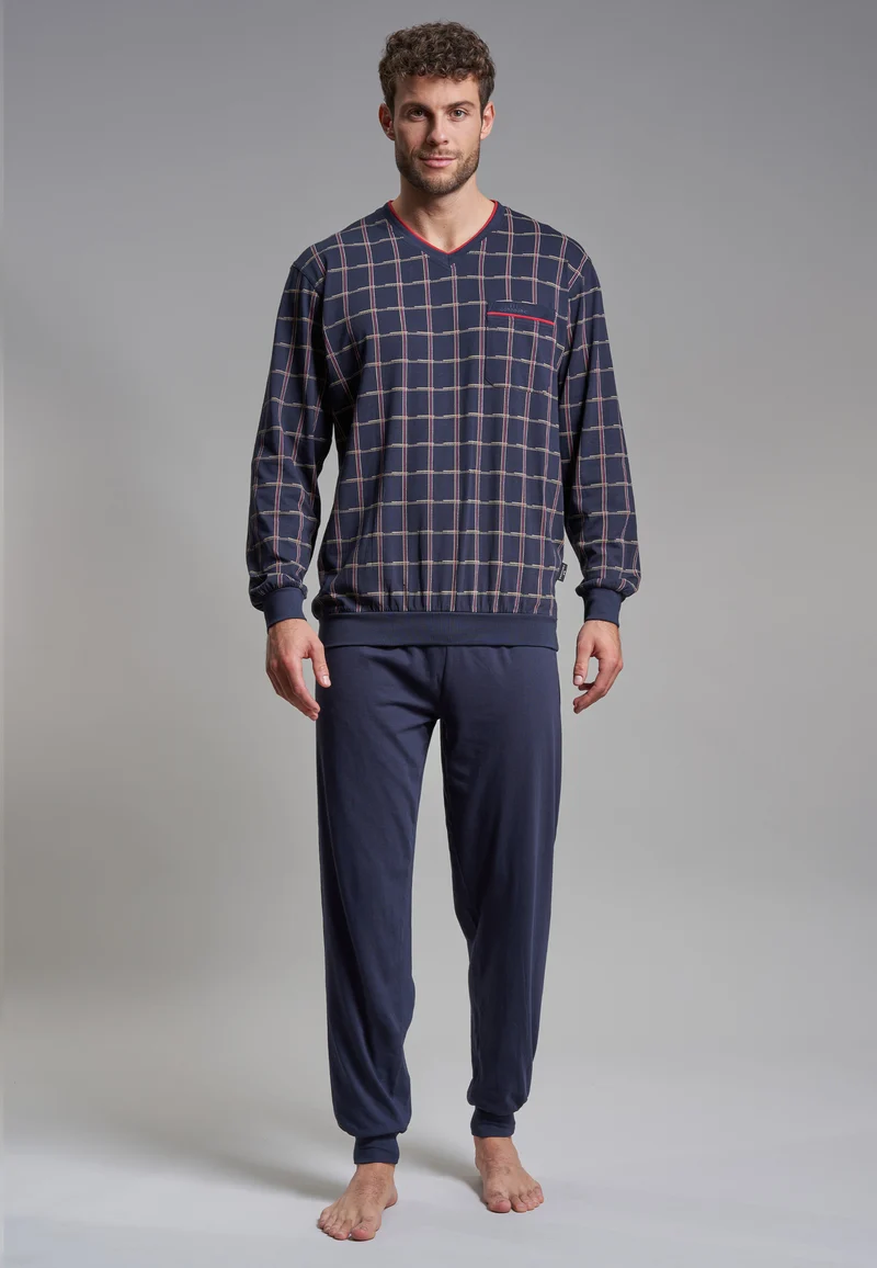 GÖTZBURG Pyjama, V-Ausschnitt, Bündchen Navy