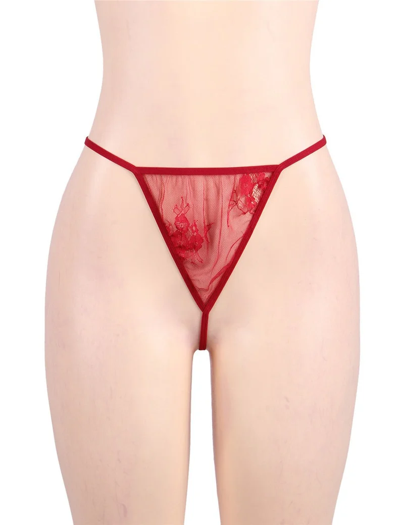 Rotes Spitzenhemd mit Wimpernspitze – Knopfleiste aus gewellter Spitze, weite Ärmel, Taillenband aus Kunstseide und String