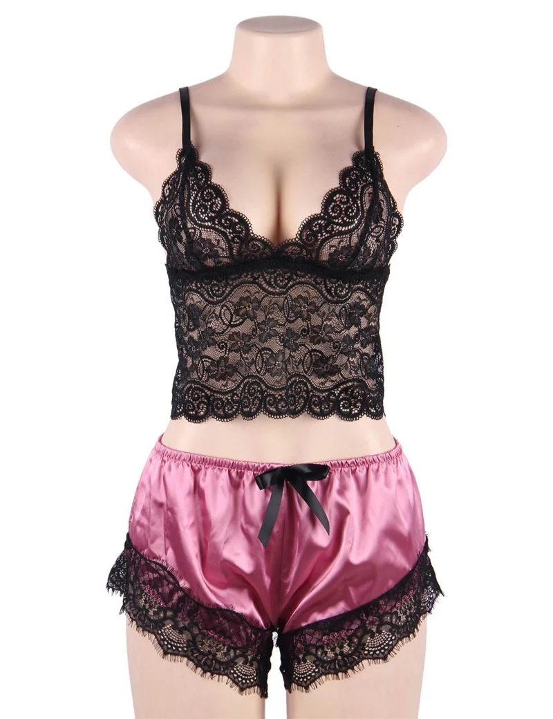 Spitzen-Camisole & Seiden-Wimpernspitzen-Pyjama-Set – Cropped Top mit Schleifendetail und Hose