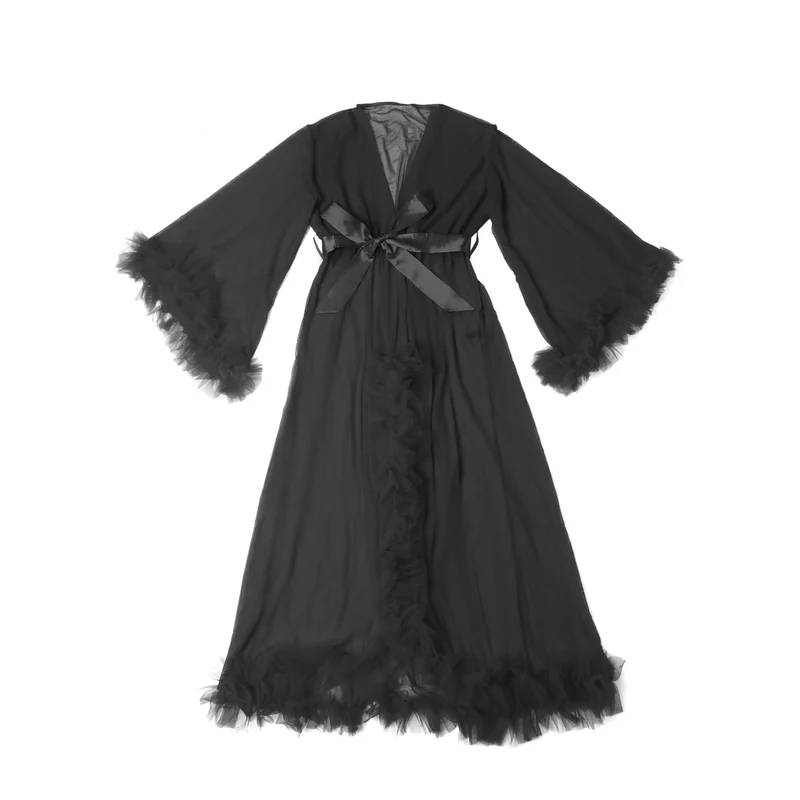 Schwarzer Nylon-Mesh-Bademantel – 3D-Rüschenbündchen und -saum, knöchellang, ausgestellte Ärmel und Taillengürtel
