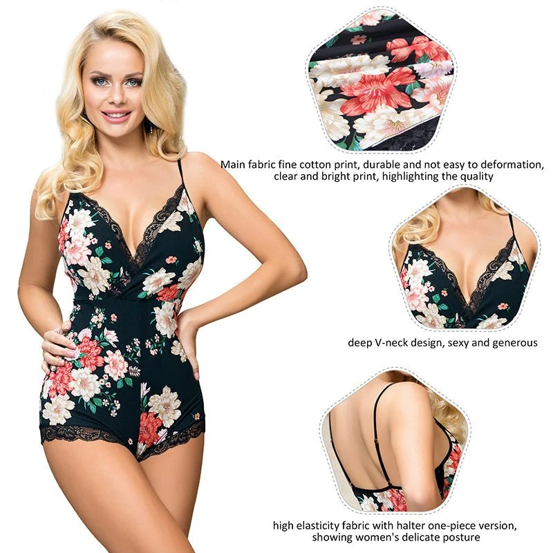 Babydoll-Einteiler mit Blumenmuster und tiefem V-Ausschnitt – Hochelastische Baumwolle mit verstellbaren Trägern
