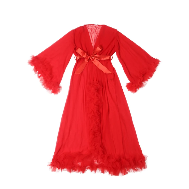 Roter Nylon-Mesh-Bademantel – 3D-Rüschenbündchen und -saum, knöchellang, ausgestellte Ärmel und Taillengürtel