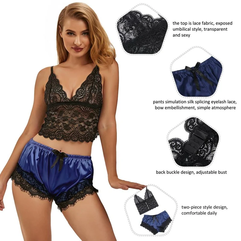Blaues Spitzen-Camisole und Pyjama-Set mit Wimpernspitze in Satin-Optik – Cropped-Top mit Hose mit Schmetterlingsknoten