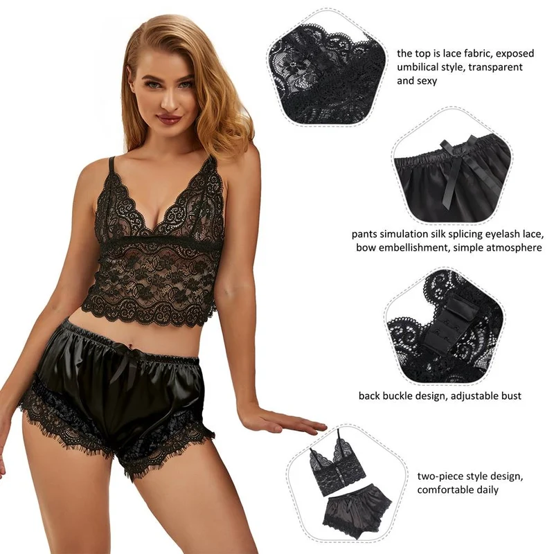 Schwarzes Spitzen-Camisole und Pyjama-Set mit Wimpernspitze in Satin-Optik – Cropped Top mit Hose mit Schmetterlingsknoten