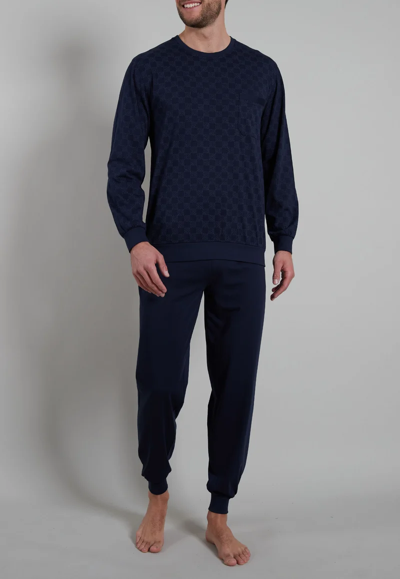 BUGATTI Pyjama, O-A., Bündchen blau-dunkel-Allover
