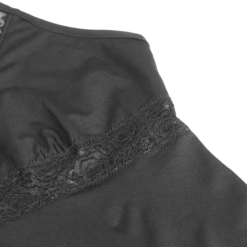Schwarzes Nachthemd aus Modal-Spitze mit tiefem V-Ausschnitt – Taillenband mit Spitzeneinsatz und ausgestellter Rock
