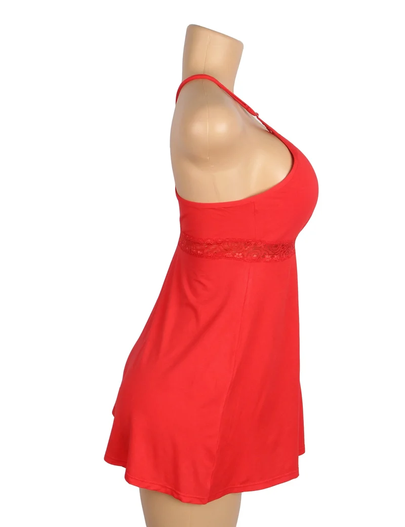 Rotes Nachthemd aus Modal-Spitze mit tiefem V-Ausschnitt – Taillenband mit Spitzeneinsatz und ausgestellter Rock