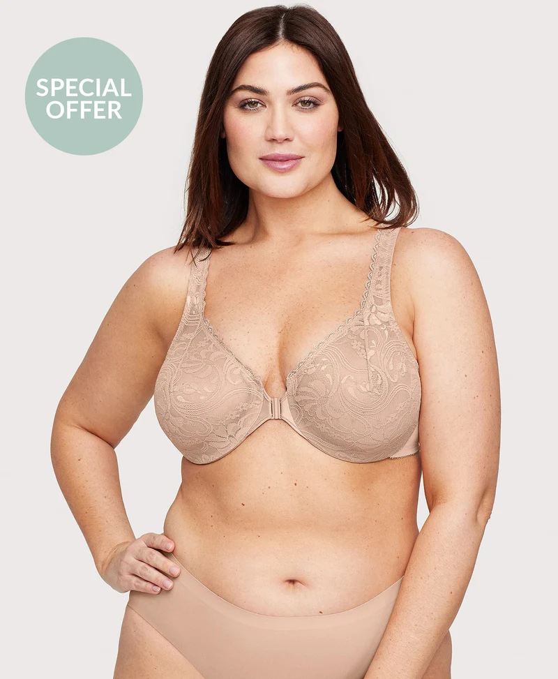 Front-Closure Stretch Lace WonderWire Bra Cafe