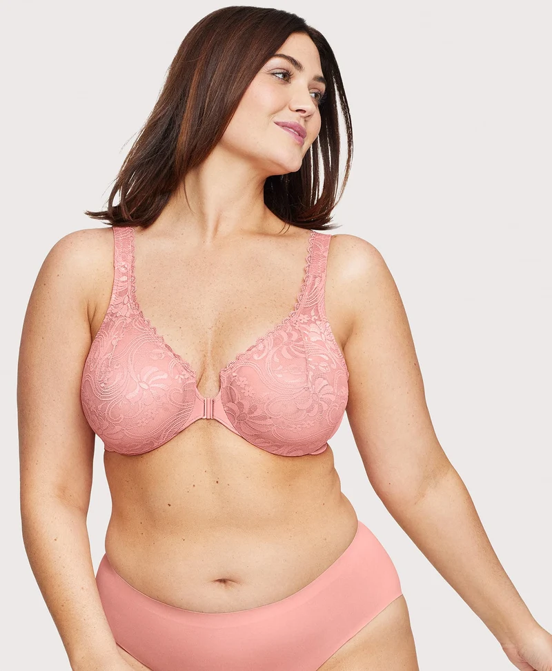 Front-Closure Stretch Lace WonderWire Bra Apricot