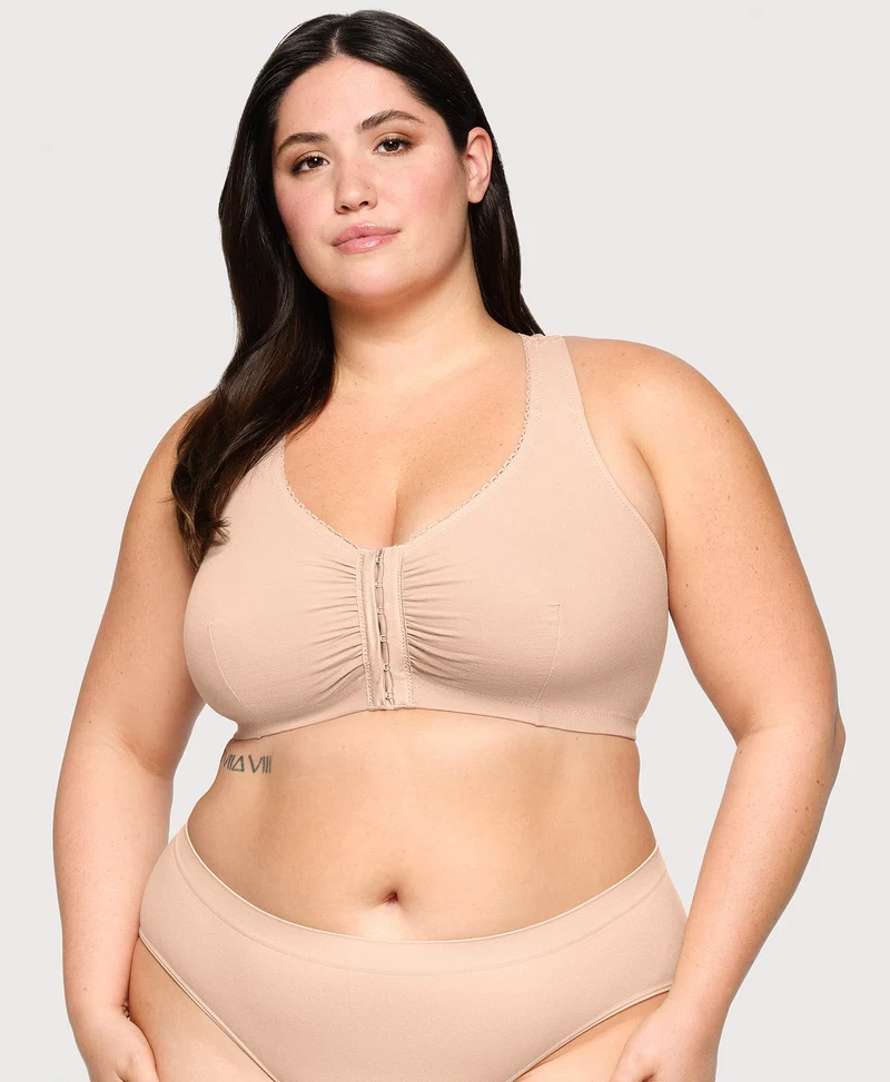Front-Closure Cotton T-Back Comfort Bra Cafe