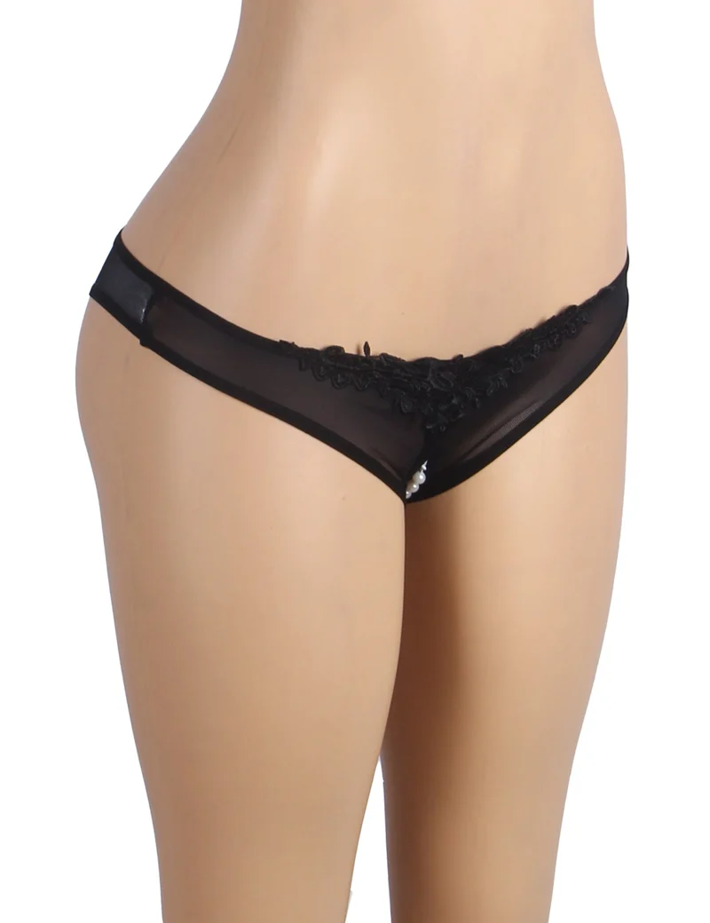 Schwarzer Netz-Slip – 3D-bestickter Bund, offener Schritt und Perlenverzierung