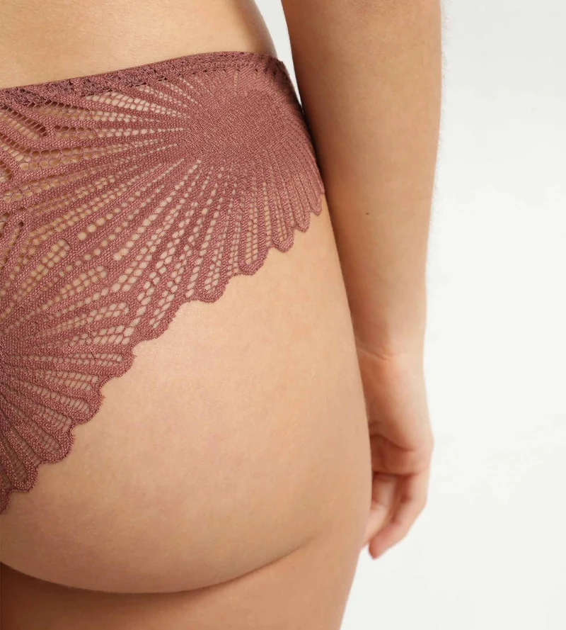 Brasilianischer Slip für Damen aus Satin und floraler Spitze in Braun Chocolove