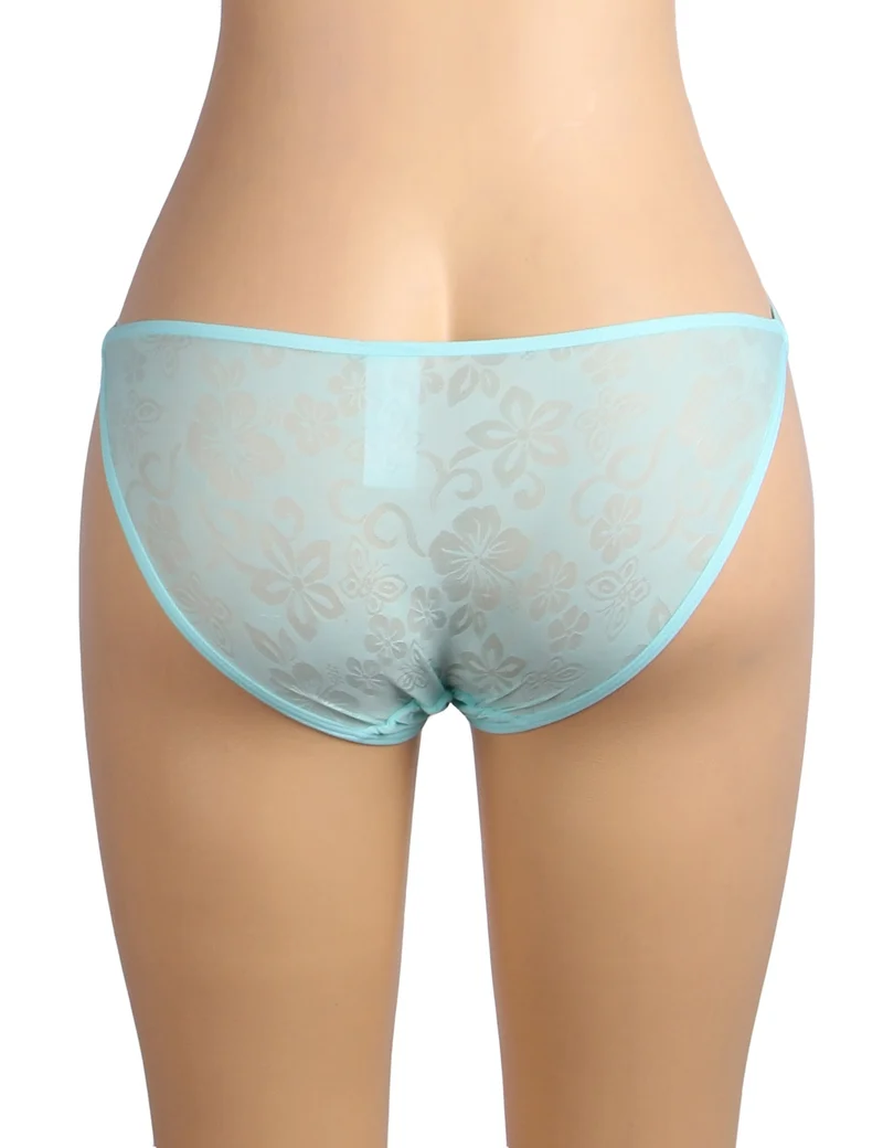 Hellblauer Netz-Slip – 3D-Stickerei vorne, hohle Seitenbänder und Baumwollzwickel