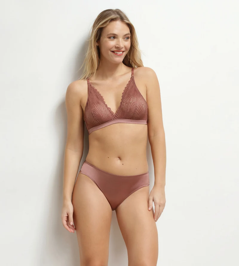 Damenhöschen aus Satin und floraler Spitze Marron Chocolove