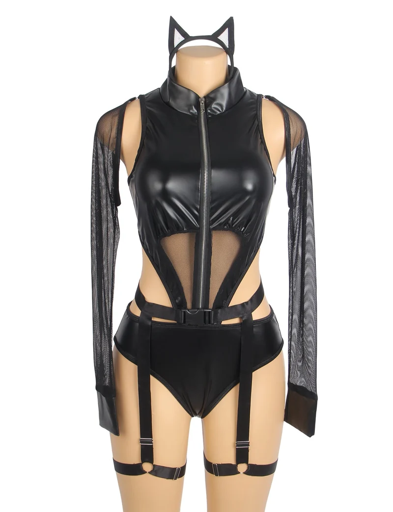 Schwarzer Magic Body aus PU-Leder – Mesh-Einsätze, Frontreißverschluss, offener Rücken, abnehmbare Ärmel, Beinschlaufen und Stirnband