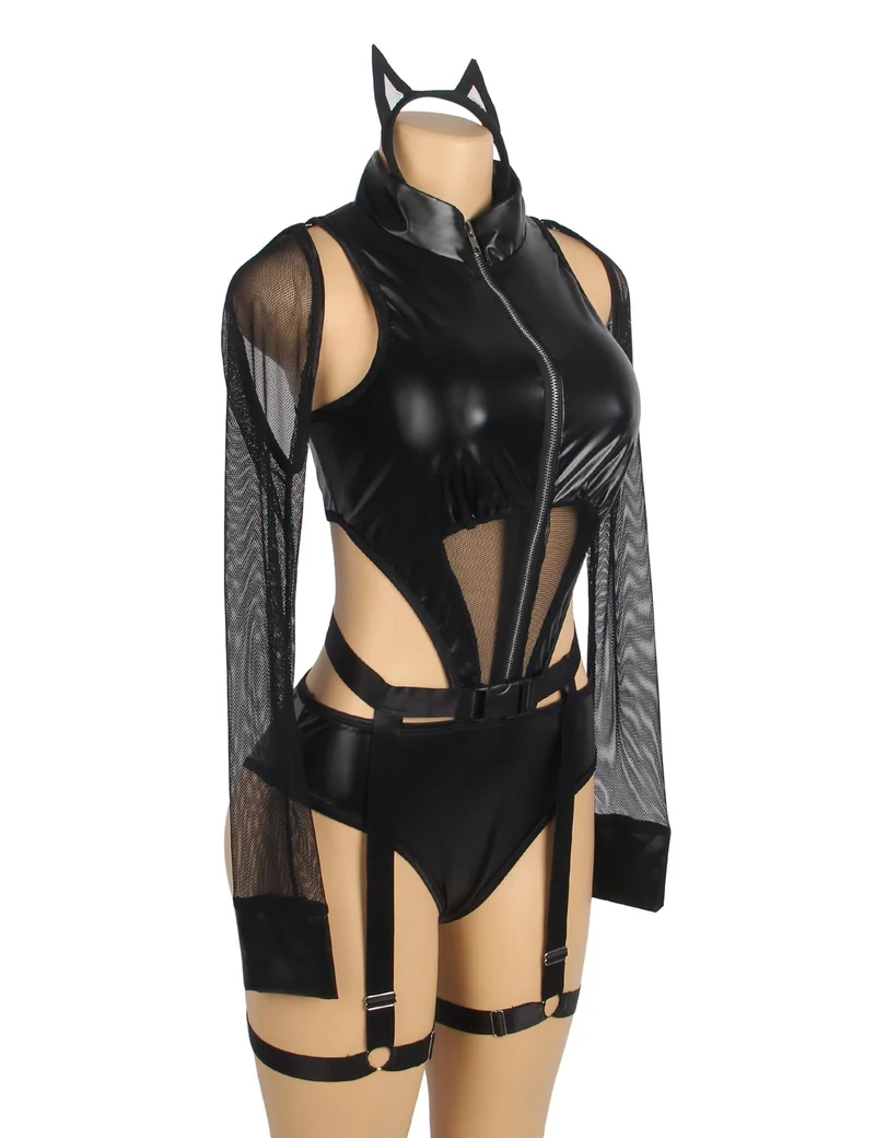 Schwarzer Magic Body aus PU-Leder – Mesh-Einsätze, Frontreißverschluss, offener Rücken, abnehmbare Ärmel, Beinschlaufen und Stirnband