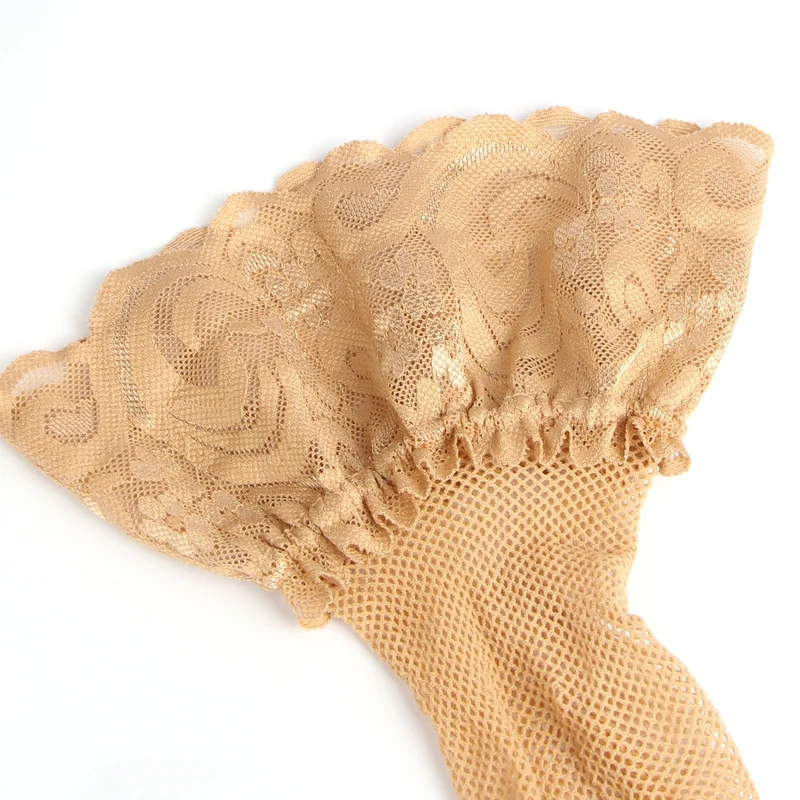 Beige Netzstrümpfe bis zum Oberschenkel mit Spitzenabschluss und Silikon-Halteband