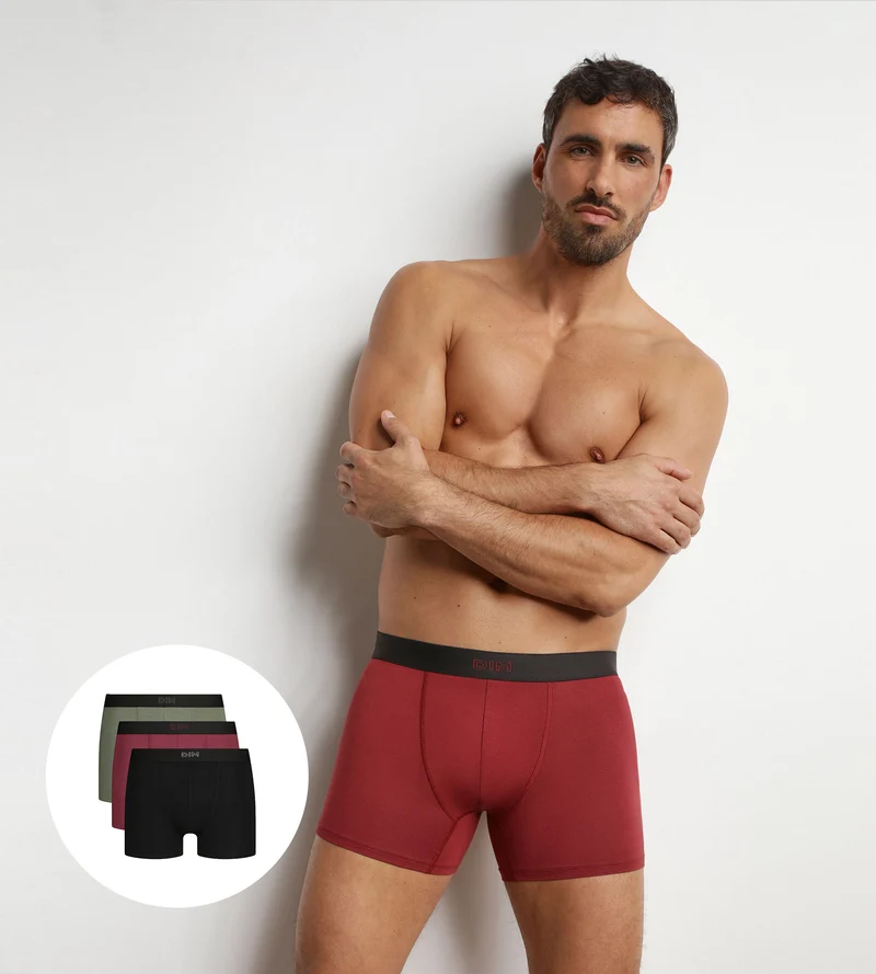 3er-Pack Boxershorts für Herren aus Baumwolle in Schwarz, Khaki und Rot Pur Confort