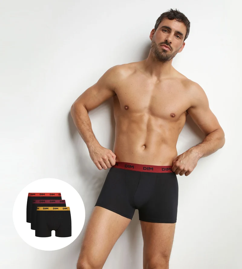 3er-Pack schwarze Boxershorts für Herren mit farbigem Flamme-Bund Mix & Colors