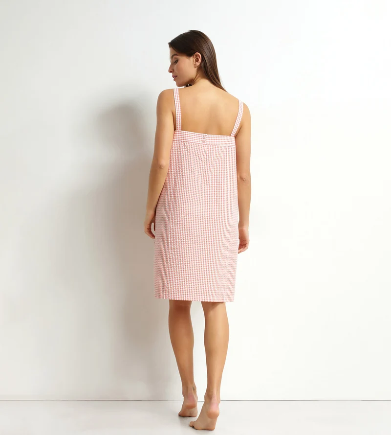 Damen-Nachthemd aus Seersucker mit Vichy-Karomuster Apricot Écru Dim Nightwear