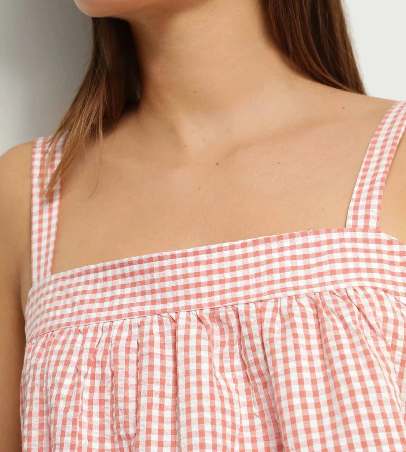 Damen-Nachthemd aus Seersucker mit Vichy-Karomuster Apricot Écru Dim Nightwear