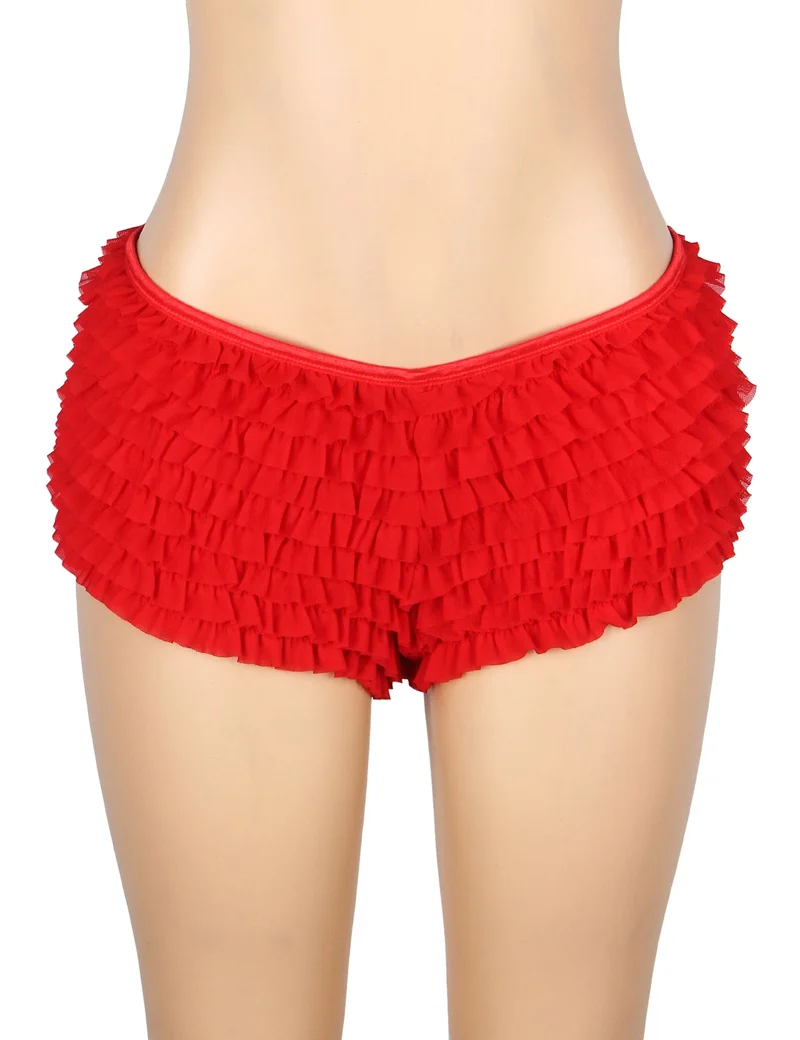 Roter Mesh-Rüschenslip mit Schleifendetail und Badestofffutter