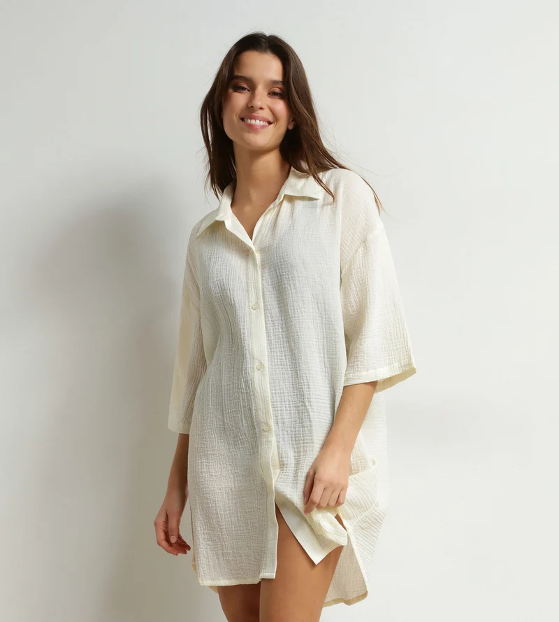 Strandkleid für Damen aus Baumwollgaze Cremeweiß Dim