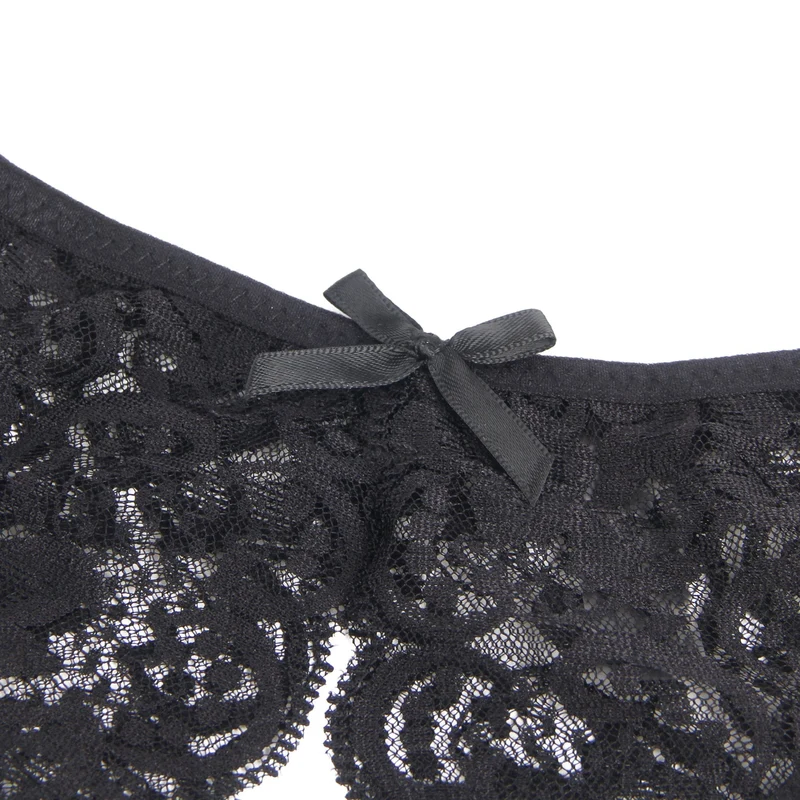 Schwarzer Spitzen-Mesh-Slip mit seitlichen Ausschnitten, Schleife vorne und offenem Schritt